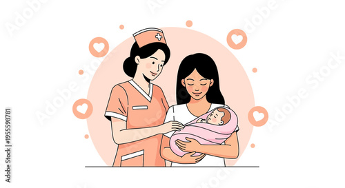 Nurse Helping Mother With Newborn Baby, Maternal Care and Support