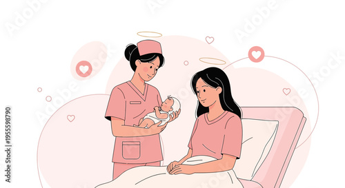 Nurse Hands Newborn Baby to Mother in Hospital Bed, Maternity Care Concept