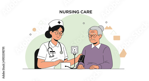Nurse checking elderly woman's blood pressure, nursing care concept
