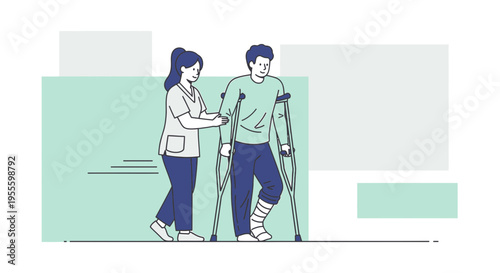 Nurse helps injured patient with crutches and bandaged leg walk, rehabilitation concept