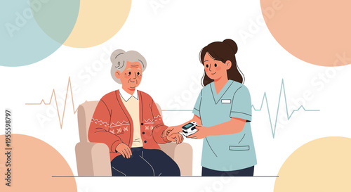 Nurse checking elderly woman's oxygen saturation with pulse oximeter at home, healthcare concept