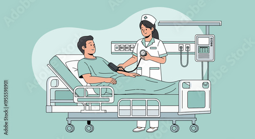 Nurse checking patient's blood pressure in hospital room, medical care concept