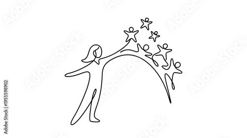 Teacher Holding Students Like Stars Continuous Single Line Minimalist Teacher Impact Line Art Illustration