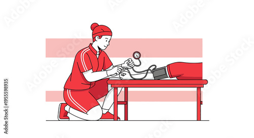Nurse checking patient's blood pressure with sphygmomanometer on examination table, medical checkup