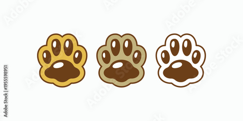 Three cartoon paw prints on a plain background. Each print has different coloring and outline thickness. They appear friendly, simple, and charming