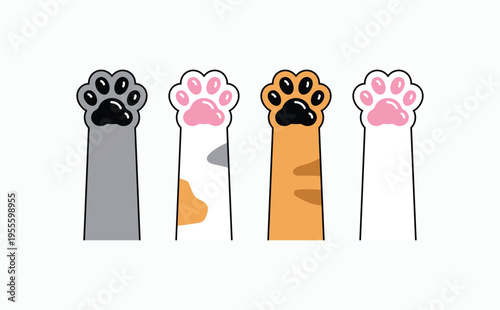Four cartoon paws wave cheerfully. Gray, white, orange, and pink paws peek from above. Each paw has a distinct design and color. Simple background adds playful focus