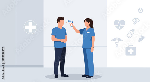 Nurse checking patient's temperature with infrared thermometer at clinic entrance