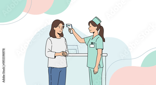 Nurse checking patient's temperature with infrared thermometer at clinic reception