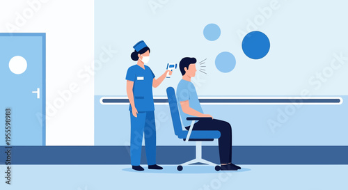 Nurse checking patient's temperature with infrared thermometer in clinic, healthcare concept