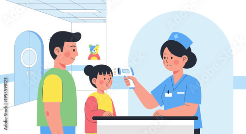 Nurse checks child's temperature with infrared thermometer, father present, hospital reception