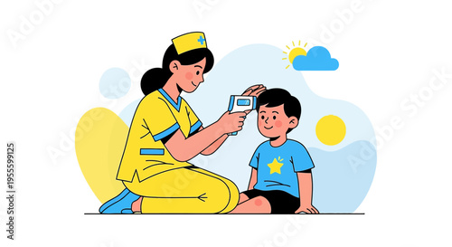 Nurse checks child's temperature with infrared thermometer, healthcare concept