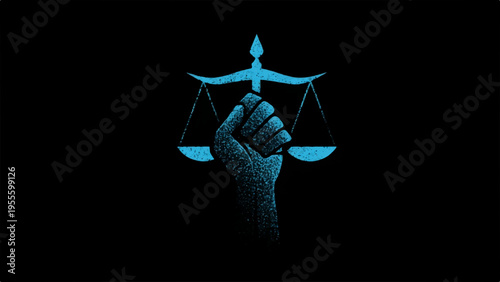 Hand holding scales of justice in darkness symbolizing law and balance with a fist