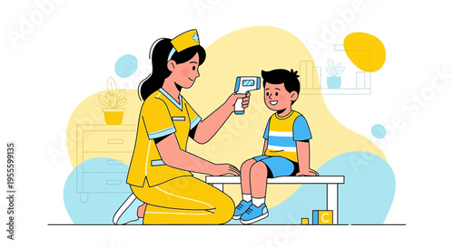Nurse checks child's temperature with infrared thermometer, healthcare, medical checkup, kids health