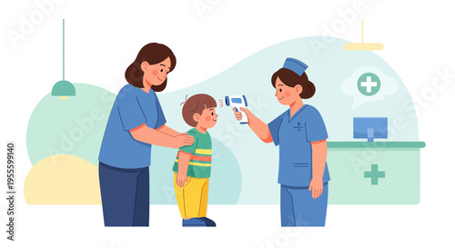 Nurse checks child's temperature with infrared thermometer, mother present in clinic