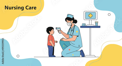 Nurse checks child's temperature with infrared thermometer, nursing care concept