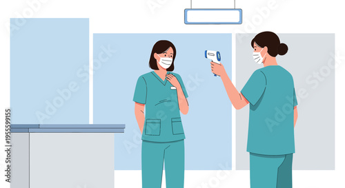 Nurse checks colleague's temperature with infrared thermometer during health screening