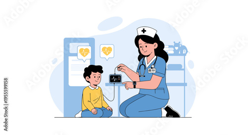 Nurse checks child's vital signs in hospital room, medical checkup, healthcare concept