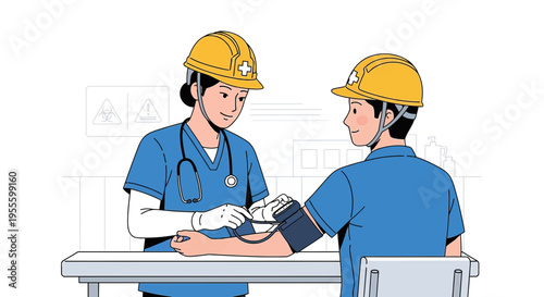 Nurse checks construction worker's blood pressure, promoting occupational health and safety.