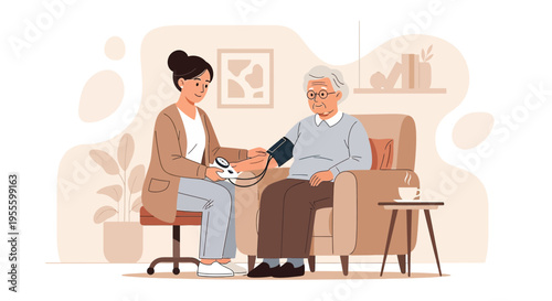 Nurse checks elderly man's blood pressure at home, healthcare concept