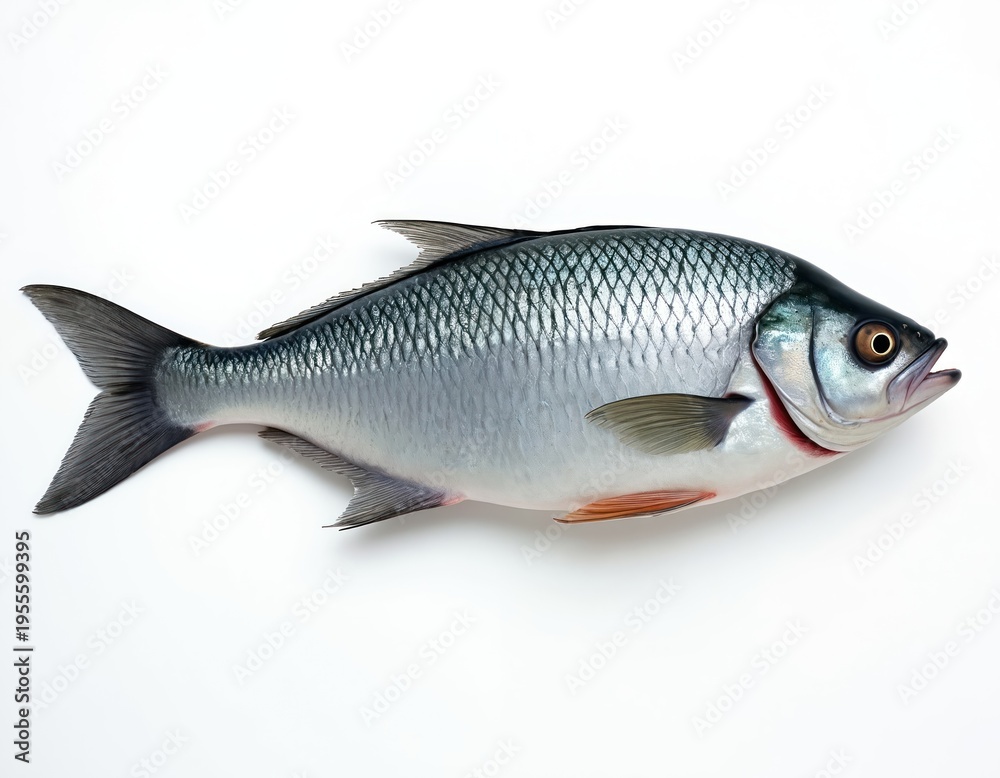 Obraz premium Studio shot of silver fish with detailed scales and fins. Isolated on white background, this aquatic creature is perfect for food, health, and ocean themes.
