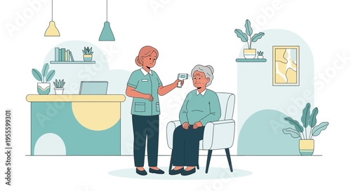 Nurse checks elderly woman's temperature with thermometer in cozy home care setting