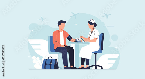Nurse checks passenger's blood pressure at airport clinic, travel health check