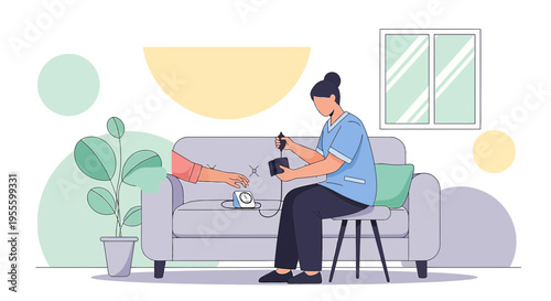 Nurse checks patient's arm with medical device at home, healthcare concept