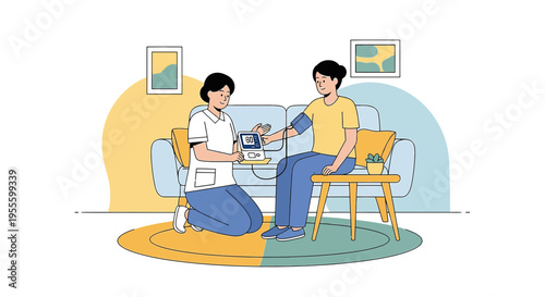 Nurse checks patient's blood pressure at home, health checkup, medical care concept