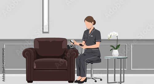 Nurse checks patient's blood pressure in a comfortable waiting room with armchair and orchid.