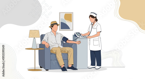 Nurse checks patient's blood pressure in a cozy clinic room, healthcare concept