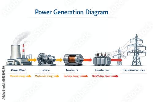 Electric Power Generation Process Diagram Showing Power Plant, Turbine, Generator and Transmission System