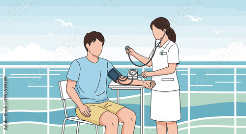 Nurse checks patient's blood pressure on a cruise ship deck with ocean background
