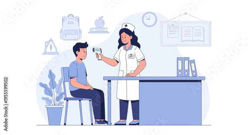 Nurse checks student's temperature with thermometer at school clinic, health check