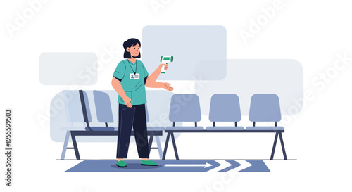 Nurse checks temperature with infrared thermometer in waiting room, social distancing