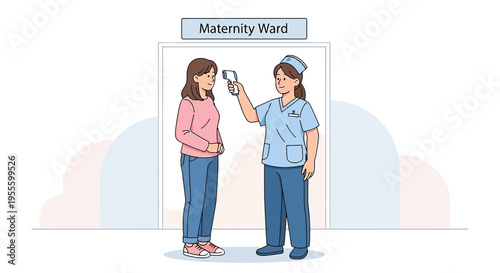 Nurse checks temperature of pregnant woman at maternity ward entrance, COVID-19 screening
