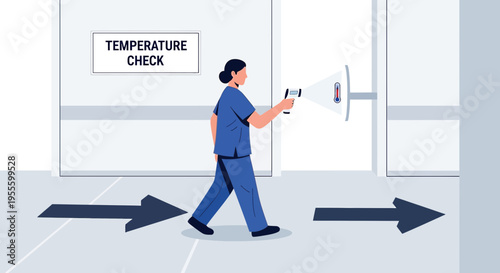 Nurse checks temperature with infrared thermometer at entrance with arrows for direction