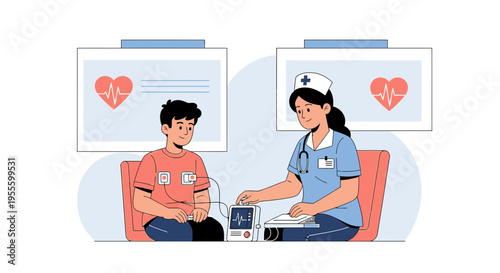 Nurse checks young boy's vital signs with medical equipment, healthcare concept