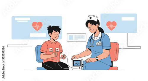 Nurse checks young boy's vital signs with medical equipment, heart monitor screen