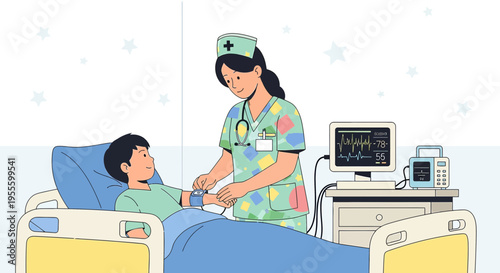 Nurse checks young patient's vitals on hospital bed with vital signs monitor