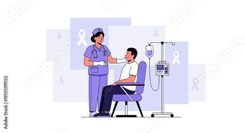 Nurse comforting patient undergoing chemotherapy infusion, cancer treatment, hope, care