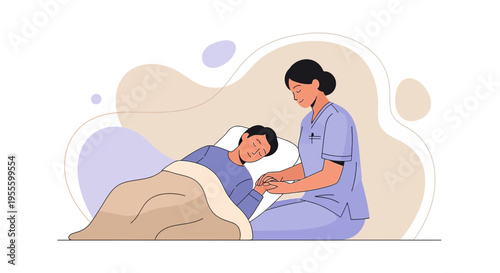 Nurse comforting patient in hospital bed, caring hands, medical care, empathy, healthcare concept