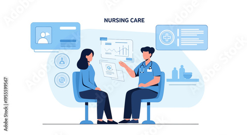 Nurse consulting patient about medical data on digital screen, nursing care concept