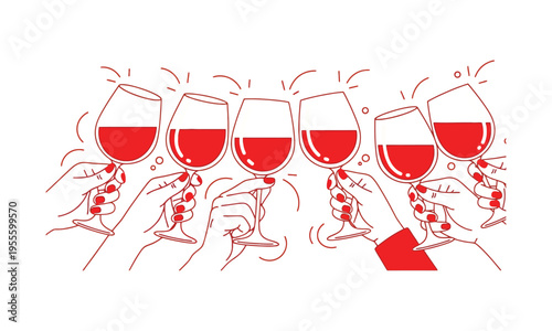 Hands clinking wine glasses in celebration, red wine toast in a festive minimalist line art illustration