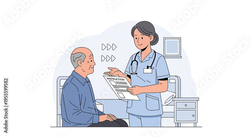Nurse consulting elderly patient in hospital room, medical care and support concept