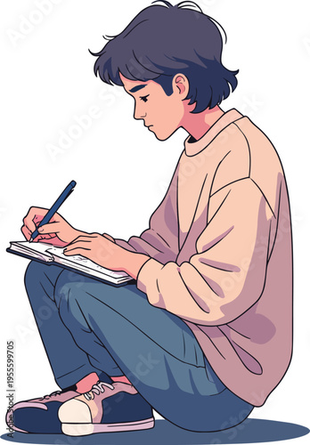 Illustrazione vettoriale di una persona che scrive o lavora su computer e tablet. Concetto di produttività, studio, lavoro digitale, tecnologia e creatività, adatto a progetti educativi, business e te