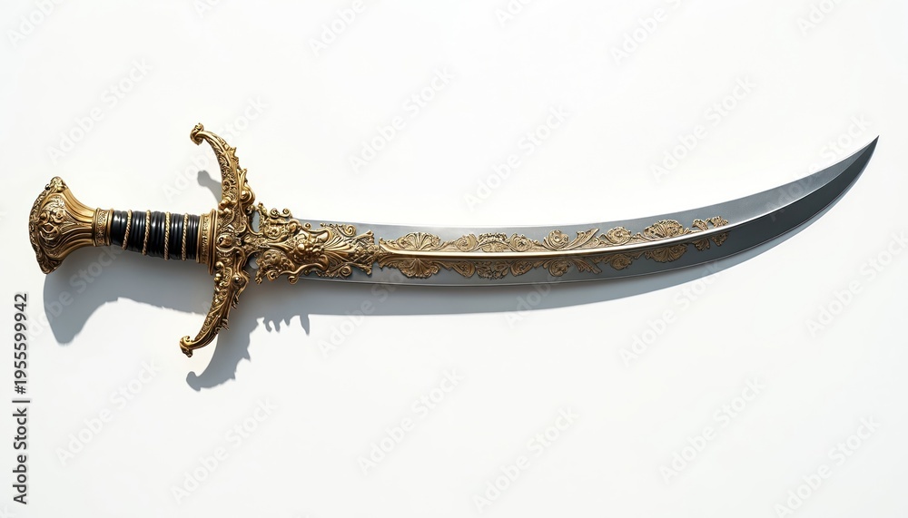 Naklejka premium Ornate gold and black decorated scimitar with curved blade and intricate metalwork on hilt. Historical weapon design on clean white background, studio shot.