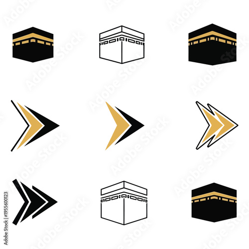 A collection of minimalist black and gold icons featuring the kaaba and various arrow designs used