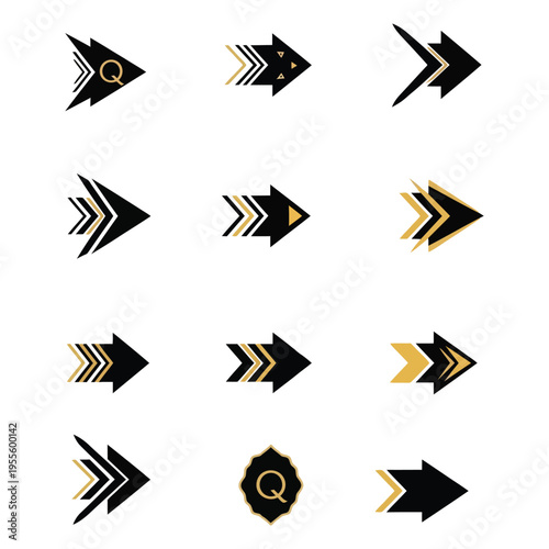A collection of twelve stylized arrow icons featuring gold and black geometric design elements
