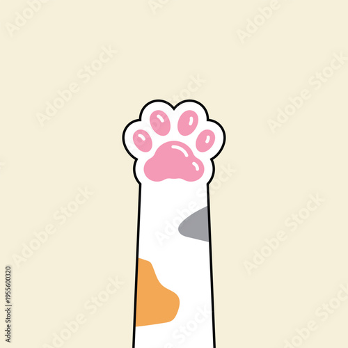 Cute paw reaches upward with soft pink pads. White fur shows warm orange and gray patches. Simple background enhances the playful, sweet vibe. Ideal for cute animal-themed designs or web graphics