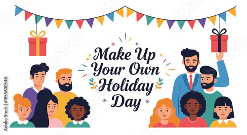 A playful illustration of a diverse group of people celebrating Make Up Your Own Holiday Day with a laptop and party elements.